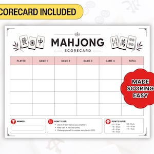 Minimalist American Mahjong scorecard printable designed for tracking completed hands, points, and game progress. Perfect digital download for Mahjong clubs, senior centers, retirement communities, and weekly game nights