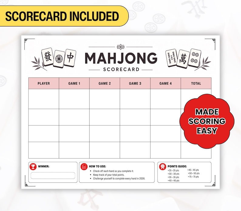 Minimalist American Mahjong scorecard printable designed for tracking completed hands, points, and game progress. Perfect digital download for Mahjong clubs, senior centers, retirement communities, and weekly game nights