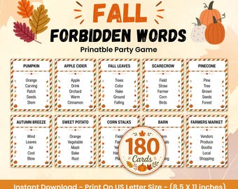 Juego de palabras prohibidas de otoño, juego imprimible para fiestas de otoño, juego de adivinanzas de palabras de otoño, actividad de octubre para niños, adolescentes y adultos, PDF para el aula