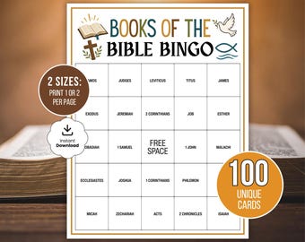 Books of the Bible Bingo Cards, Printable Bible Bingo Game, Church Bingo for Adults, Youth Group Activity, Sunday School Bible Study