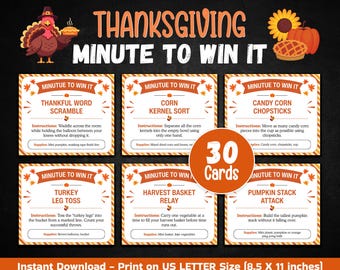 Thanksgiving Minute to Win It Games Printable, Thanksgiving Party Games for Kids, Teens & Adults, Fall Family Games, Fall Classroom Games