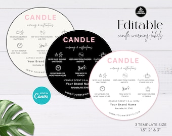 Editable Candle Warning Label Template: Round Safety Stickers (Canva)