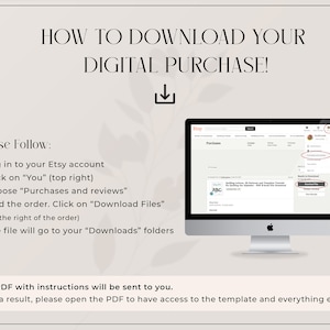 May include: A computer screen displaying a website with instructions on how to download a digital purchase from Etsy. The steps are numbered 1 through 3. The website is in English.