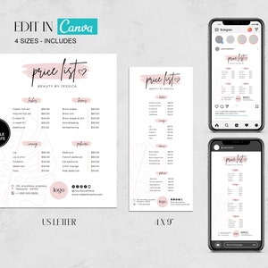 Modelo de lista de preços editável, faça você mesmo para pequenas empresas, folha de guia de preços para impressão, estilista de cabelo para maquiagem de unhas de salão de beleza, modelo Canva