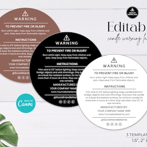 Editable Candle Warning Label Template, Candle Warning Sticker Printable , 1.5&quot; 2&quot; 3&quot; Candle Safety Instructions, Round Candle Safety Label