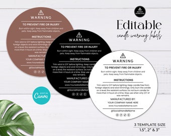 Editable Candle Warning Label Template: Round Safety Stickers (Digital Download)