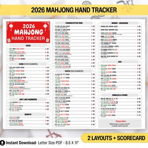 Printable 2026 Mahjong Hand Tracker featuring a clean, organized layout for American Mahjong players. Includes colorful and ink-friendly versions to help track completed hands, scores, and progress during weekly games, Mahjong clubs, tournaments, and game nights.