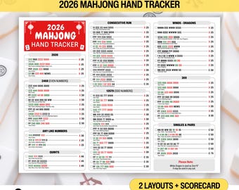 Rastreador de manos de Mahjong 2026 imprimible, hoja de puntuación de Mahjong americano en PDF, tarjeta de puntuación de Mahjong, rastreador de Mah Jongg, descarga digital para noche de juegos