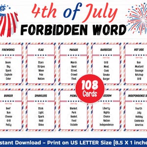 May include: A 4th of July Forbidden Word game set featuring 108 cards with red, white, and blue patriotic graphics, including an eagle and fireworks. Each card lists a primary word and five forbidden words to avoid during gameplay.