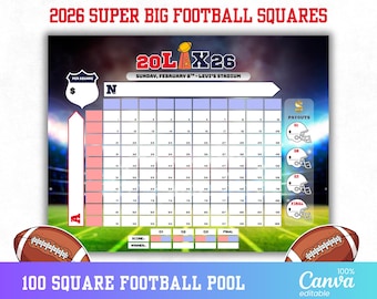 Football Squares Printable Template, Betting Board, Printable Square Cards, 2026 Square Pool Bowl, Party Fundraiser, Editable Canva Template