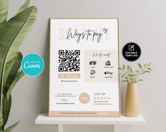 Plantilla de letrero con código QR para escanear para pagar / Letrero de pago con PayPal por Venmo / Imprimible para pago sin efectivo / Tarro de propinas para pequeñas empresas / Plantilla de Canva