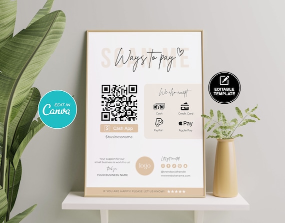 Scan to Pay QR Code Sign Template | Venmo PayPal Payment Sign | Cashless Payment Printable | Small Business Tip Jar | Canva Template