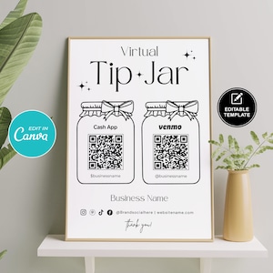 Printable Virtual Tip Jar Template, Venmo & Cash App Tip Jar, Cashapp Payment Sign, QR Code Sign , Canva editable template, Instant Download