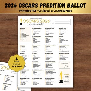 Puede incluir: Una boleta PDF imprimible para los Premios Oscar 2026, con categorías como Mejor Película y Mejor Actor. La boleta está disponible en dos tamaños, con espacio para predicciones. Incluye una pegatina dorada de "Descarga instantánea".