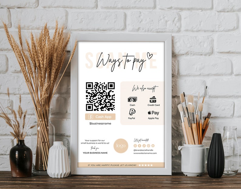 QR Code Sign Template, Scan to Pay Sign, Small Business Marketing, CashApp Paypal Sign, Customizable QR Code Print, Digital Download