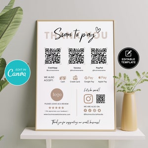 Printable Scan To Pay Template, Editable Scan To Pay Sign, Customer QR Code Template, Payment Method Sign,  Scan To Paypal, CashApp Venmo