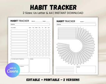 Printable Circle Habit Tracker, Daily Routine & Goal Planner, Minimal Habit Journal, Productivity Tracker,  Canva Editable Tracker