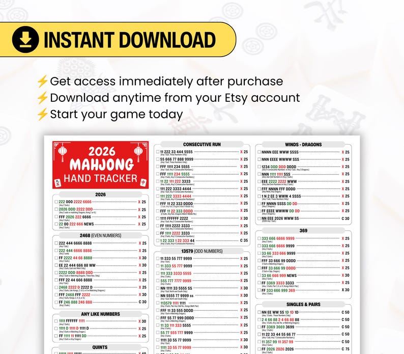 2026 Mahjong Hand Tracker PDF with a clean and easy-to-read layout for American Mahjong players. Great printable accessory for organizing scores during tournaments, club play, family gatherings, and friendly competitions.