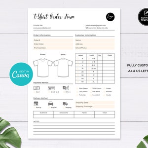 Editable T-shirt Order Form Template, Custom T Shirt Order Form, Printable Small Business Order Form, Order Form Editable, Instant Download
