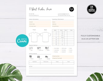 Editable T-Shirt Order Form Template: Printable Small Business (Instant Download)
