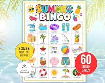 Cartelle del Bingo estivo stampabili, 60 cartelle del Bingo estivo, gioco del Bingo estivo per bambini, attività estiva, Bingo in spiaggia, attività del Bingo per le vacanze