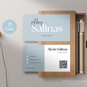 Sjabloon voor afdrukbare visitekaartjes, sjabloon voor visitekaartjes QR-code, direct downloaden, doe-het-zelf-telefoonkaart, bewerkbare kaart, Canva-sjabloon