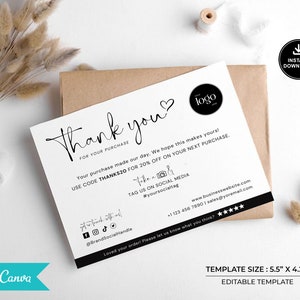 Imprimible para pequeñas empresas gracias por su compra / Plantilla de negocio de tarjetas de agradecimiento de Etsy / Nota de inserción de embalaje de cliente editable