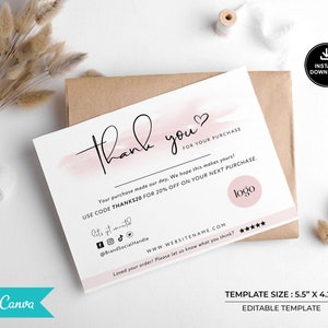 Tarjeta de agradecimiento empresarial editable / tarjeta de inserción de paquete para pequeñas empresas, personalizable / moderna imprimible gracias por su tarjeta de compra