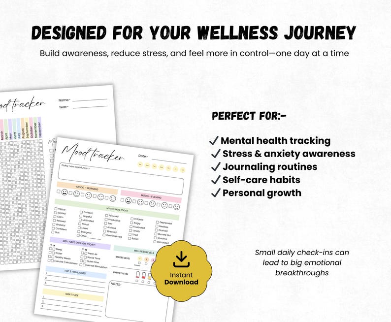 Daily Mood Tracker Printable PDF, Anxiety Tracker, Mental Health Journal, Emotion Log Sheet, Simple Mood Log, Canva Editable Tracker
