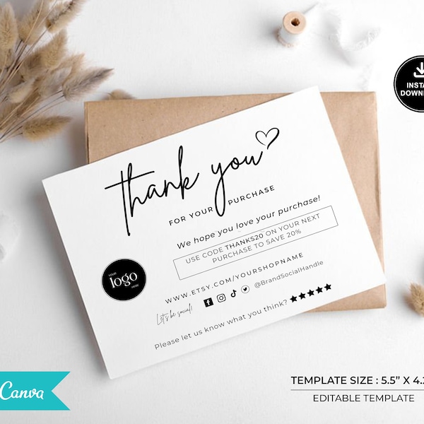 Printable Small Business Thank you For Your Purchase | Etsy Thank You Cards Business Template  | Editable Customer Packaging Insert Note