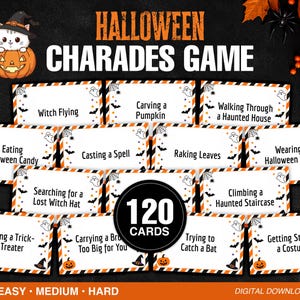 Puede incluir: Un juego de charadas de Halloween con 120 tarjetas con bordes a rayas naranjas, negras y blancas. Cada tarjeta muestra una actividad temática de Halloween como Volar como bruja o Tallar una calabaza, decorada con iconos de fantasmas y murciélagos.