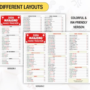 Modern 2026 American Mahjong Hand Tracker printable with clearly organized scoring sections and hand tracking boxes. Designed for Mahjong enthusiasts looking for an easy-to-print PDF score sheet for home games, clubs, and tournaments.