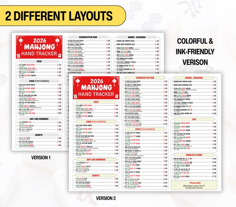 Modern 2026 American Mahjong Hand Tracker printable with clearly organized scoring sections and hand tracking boxes. Designed for Mahjong enthusiasts looking for an easy-to-print PDF score sheet for home games, clubs, and tournaments.