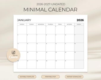 Calendario 2026 / Planner mensile 2026 / Calendario mensile elegante / Inizio domenica e lunedì / Calendario da parete 2026 / PDF stampabile, modificabile con Canva