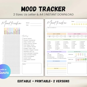 Peut inclure: Deux pages imprimables de suivi de l'humeur avec le titre "MOOD TRACKER" en haut. La page de gauche contient un tableau d'humeur mensuel et une légende. La page de droite contient des sections de suivi quotidien de l'humeur. Le texte "2 Sizes: US Letter & A4 | INSTANT DOWNLOAD" est inclus.