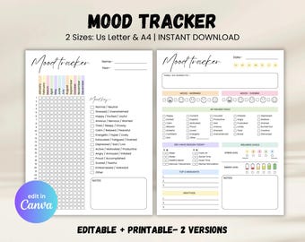 Daily Mood Tracker Printable PDF, Anxiety Tracker, Mental Health Journal, Emotion Log Sheet, Simple Mood Log, Canva Editable Tracker