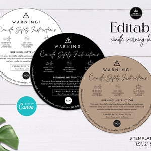 Minimalist Candle Warning Label Template, Editable Candle Warning Sticker, Printable Candle Safety Sticker, Circle Label Design, Canva