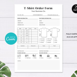 Editable T-shirt Order Form Template, Custom T Shirt Order Form, Printable Small Business Order Form, Order Form Editable, Instant Download