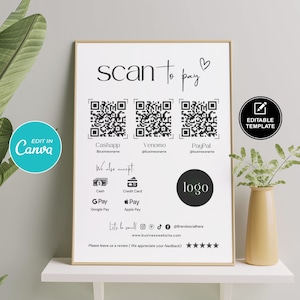 Printable Scan to Pay Template, Editable Scan to Pay Sign, Payment Sign, QR Code Sign Template, Scan To Paypal, Venmo CashApp Canva template