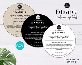 Editable Candle Warning Label Template: Round Safety Sticker (Canva)