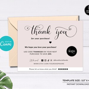 印刷可能な中小企業向け「ご購入ありがとうございます」 | Etsy サンキューカード ビジネステンプレート | 編集可能な顧客向けパッケージ挿入メモ