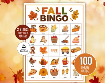 Fall Bingo Cards, Printable 100 Fall Bingo Cards, Autumn Bingo, Printable Fall Activity, Kids Classroom Game, Family Thanksgiving Party Game