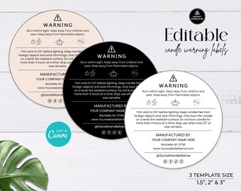 Editable Candle Warning Label Template: Round Safety Stickers (Canva)