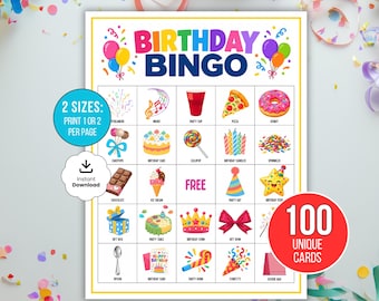 Birthday Bingo Cards, 100 Birthday Bingo Cards, Birthday Party Game, Printable Birthday Bingo, Kids Birthday Game, Girls Birthday Party