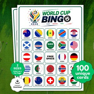 May include: Two World Cup Bingo cards featuring country flags, the text "WORLD CUP BINGO 2026", and "100 unique cards". The cards have a green and white border, set against a green background.