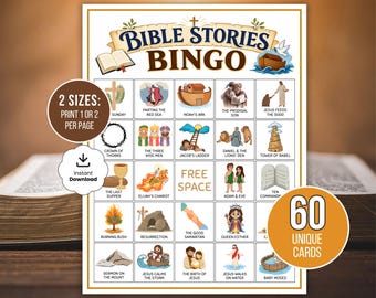 Bibel-Bingo-Karten, 60 ausdruckbare Bingo-Karten mit biblischen Geschichten, Bibel-Bingo-Spiel, Aktivität für den Sonntagsschulunterricht, Bibelaktivität für Kinder
