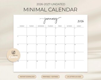 Calendario 2026 / Planificador mensual 2026 / Calendario mensual elegante / Inicio en domingo y lunes / Calendario de pared 2026 / PDF imprimible, editable en Canva