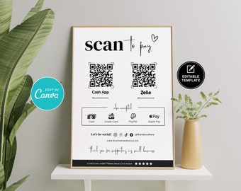 Modèle Scan to Pay, enseigne de code QR, petite entreprise, modèle canva modifiable, enseigne de paiement Paypal, enseigne Venmo, enseigne d'entreprise, enseigne imprimable