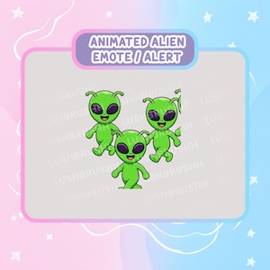 May include: A digital graphic featuring three bright green cartoon aliens with large black eyes and antennae, arranged in a group. Above the aliens, a purple rectangular banner contains the white text ANIMATED ALIEN EMOTE / ALERT.