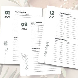 Op de afbeelding: Verschillende witte papieren pagina's met data en lijnen voor notities. De pagina's zijn gelabeld met maanden en bevatten bloemenlijntekeningen. Tekst bevat "VERJAARDAGEN" en "GEBEURTENISSEN".